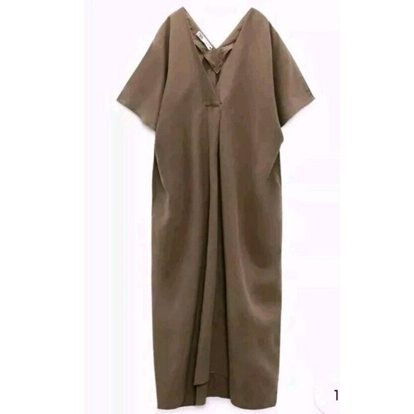 ZARA Linen Lyocell Tunic Dress with Pleat s  Khaki Kaftan 4877 … - Picture 6 of 6